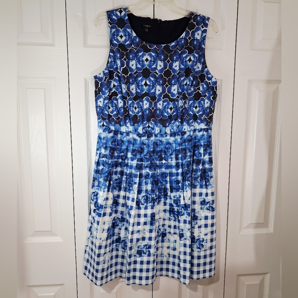 Talbots Petites Dress Cotton Blue White Floral Sleeveless Back Zippered Lined 16